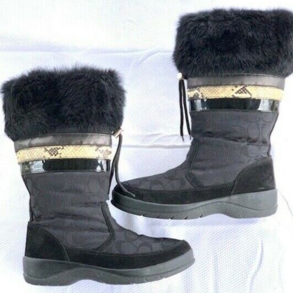 SIZE 7.5 WOMEN COACH LORNA SIGNATURE MONOGRAM SNAKESKIN / SUEDE/ FUR BOOTS BLACK - Picture 2 of 5